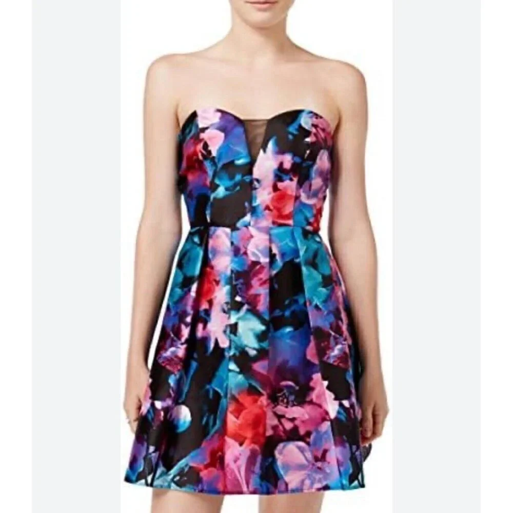 B. Darlin A-Line Formal Dress Black Pink Multicolor Floral Short Junior Size 5/6